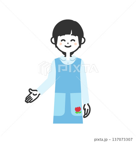 笑顔で下を指すエプロンを付けた女性イラスト 137073307