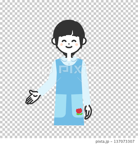 圖解:一位身穿圍裙的女士面帶微笑,手指向下。 圖解:一位身穿圍裙的女士面帶微笑,手指向下。 137073307