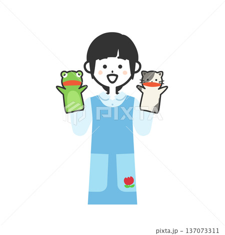 ハンドパペットを持つエプロンを付けた女性イラスト 137073311