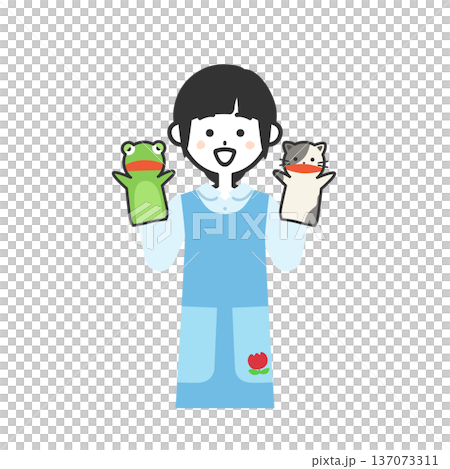 圖：一位身穿圍裙、手持手偶的女子 137073311