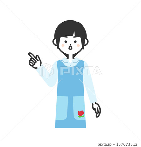 真剣な顔で指をさすエプロンを付けた女性イラスト 137073312