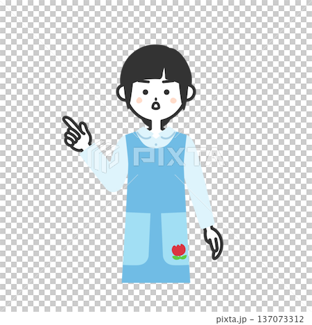 真剣な顔で指をさすエプロンを付けた女性イラスト 137073312