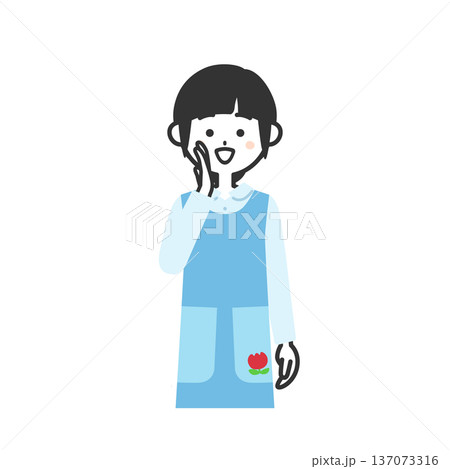 手を口に当てて呼ぶエプロンを付けた女性イラスト 137073316
