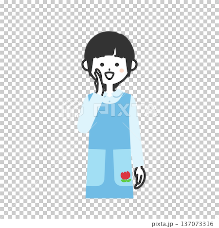 手を口に当てて呼ぶエプロンを付けた女性イラスト 137073316