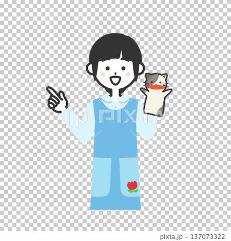 パペットをつけて指をさすエプロンを付けた女性イラスト 137073322