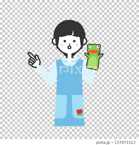 パペットをつけて指をさすエプロンを付けた女性イラスト 137073323
