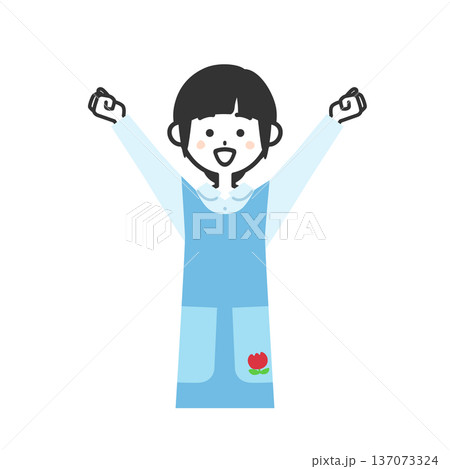 両手を上に突き上げるエプロンを付けた女性イラスト 137073324