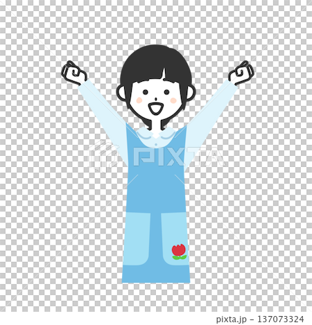 両手を上に突き上げるエプロンを付けた女性イラスト 137073324