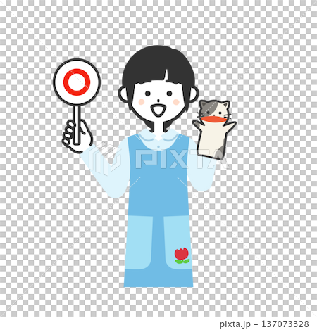 插圖描繪了一位身穿圍裙、手持圓形標籤的女子，標籤上有一個木偶。 137073328