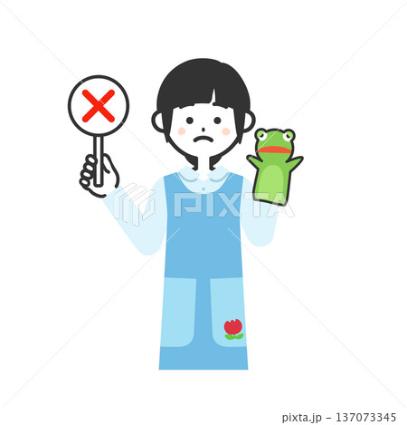 パペットをつけてバツの札を持ったエプロン姿の女性イラスト 137073345