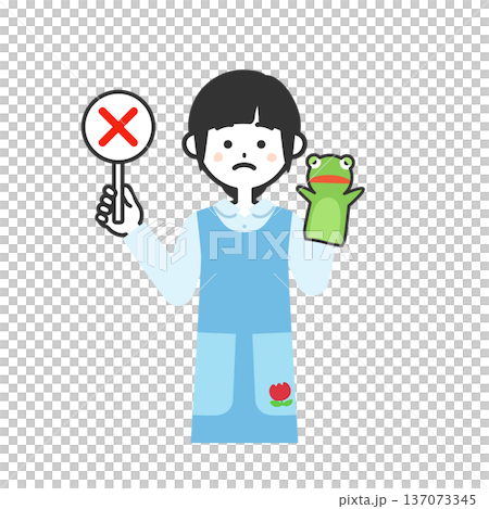 パペットをつけてバツの札を持ったエプロン姿の女性イラスト 137073345
