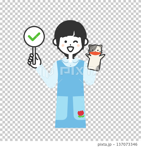パペットをつけてチェックマークの札を持ったエプロン姿の女性イラスト 137073346