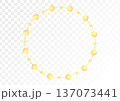 Golden glowing circular garland frame with bright festive lights on transparent background 137073441