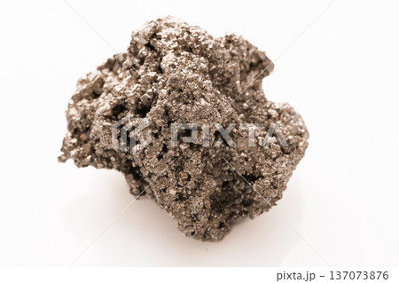 Metallic Pyrite Crystal Cluster with Sparkling Golden Texture on White Background 137073876