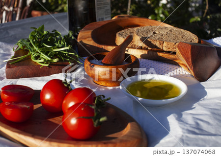 colorful rustic style lunch background with wooden plates and food colorful rustic style lunch background with wooden plates and food 137074068