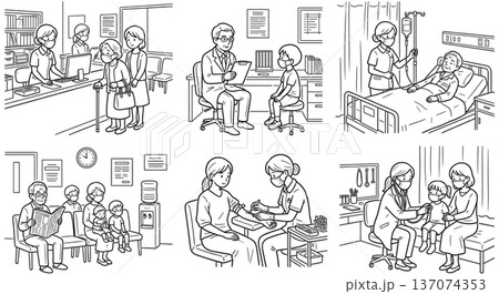 病院とクリニックの日常シーン イラスト素材 診察 看護 受付 待合室 小児科 高齢者 6シーン 線画 137074353