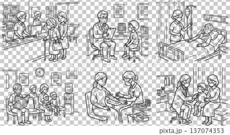 病院とクリニックの日常シーン イラスト素材 診察 看護 受付 待合室 小児科 高齢者 6シーン 線画 137074353