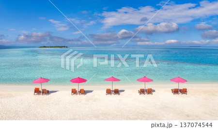 Idyllic Summer Beach Tropical Pink Umbrellas Sun Beds Aerial Landscape for Luxury Resort Leisure Lifestyle Zen 137074544