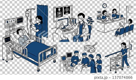醫院醫療場景插圖素材，包括護理檢查、手術、接待、X光檢查等線圖，涵蓋醫療機構、老年護理等領域。 137074866