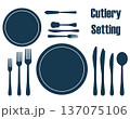 カトラリーと食器のセッティングアイコンセット（お皿、フォーク、ナイフ、スプーン、シルエット） 137075106