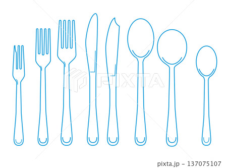 カトラリーのセットのベクターイラスト、ラインアート線画　フラットデザイン（フォーク、ナイフ、スプーン 137075107