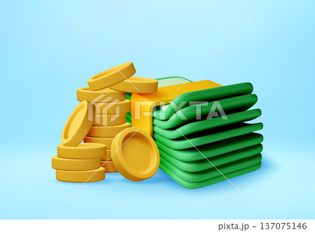 3d Gold coin stack and green banknote 3d Gold coin stack and green banknote 137075146