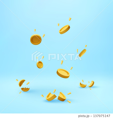 3d Flying gold coin with broken parts. 137075147