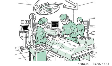 手術室の医療シーン イラスト素材 外科手術 執刀 医師 看護師 線画 医療施設 手術風景のイラスト素材 [137075423] - PIXTA