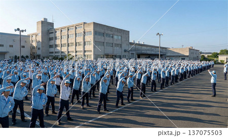 工場の敷地内で朝礼のラジオ体操をする大勢の作業員グループ 全身 137075503
