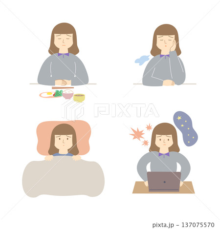 心の不調を抱える女性のイラストセット 心の不調を抱える女性のイラストセット 137075570