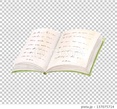 Watercolor illustration of vintage open book with text isolated on white. Cozy reading concept for literature themed designs. 137075714