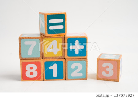 Number wood block cubes for learning Mathematic, education math. Number wood block cubes for learning Mathematic, education math. 137075927