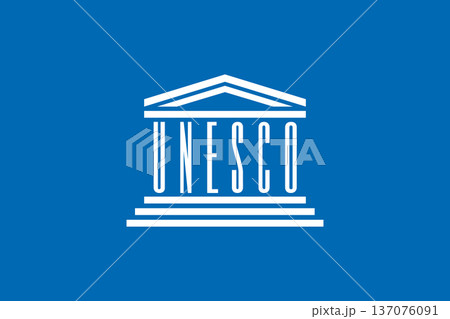 UNESCO vector flag in official colors and 3-2 aspect ratio. White organization emblem on a blue background the official colors of the United Nations. UNESCO vector flag in official colors and 3-2 aspect ratio. White organization emblem on a blue background the official colors of the United Nations. 137076091