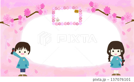 桜と園児の卒園式フレーム背景イラスト（横長） 137076101