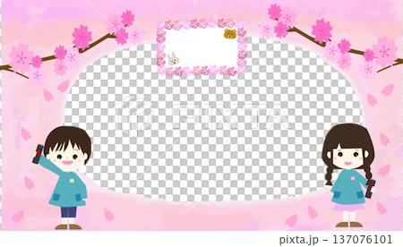 桜と園児の卒園式フレーム背景イラスト（横長） 137076101