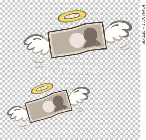 Flying winged banknotes - Image of spending, expenditure, and waste - Hand-drawn illustration 137076414