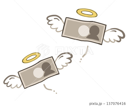 飛んでいく羽が生えた紙幣　出費・支出・無駄遣いのイメージ　手描きイラスト素材 137076416