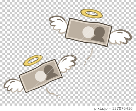 飛んでいく羽が生えた紙幣　出費・支出・無駄遣いのイメージ　手描きイラスト素材 137076416