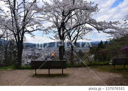 日本の岐阜県の高山市 中心部の中橋方面の美しい町並み 満開の桜と公園のベンチ 城山公園から見た眺め 日本の岐阜県の高山市 中心部の中橋方面の美しい町並み 満開の桜と公園のベンチ 城山公園から見た眺め 137076581
