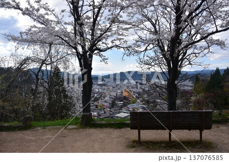 日本の岐阜県の高山市 中心部の中橋方面の美しい町並み 満開の桜と公園のベンチ 城山公園から見た眺め 日本の岐阜県の高山市 中心部の中橋方面の美しい町並み 満開の桜と公園のベンチ 城山公園から見た眺め 137076585
