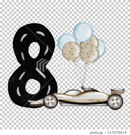A watercolor racing car with a number card composition. Hand-drawn car template on a white background. Perfect for a racing-themed child's birthday party. A watercolor racing car with a number card composition. Hand-drawn car template on a white background. Perfect for a racing-themed child's birthday party. 137076614