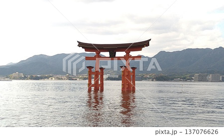 海上に高々と立つ厳島神社大鳥居 137076626