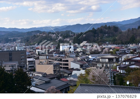 日本の岐阜県の高山市 満開の桜と美しい町並み 市街地方面の新旧の住居 城山公園から見た眺め 日本の岐阜県の高山市 満開の桜と美しい町並み 市街地方面の新旧の住居 城山公園から見た眺め 137076829