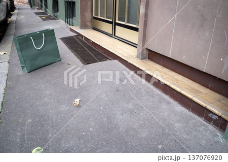 Big green shopping paper bag standing in the background on the sidewalk outdoors. Simple urban scene showing retail packaging and everyday consumer activity in a city setting. Big green shopping paper bag standing in the background on the sidewalk outdoors. Simple urban scene showing retail packaging and everyday consumer activity in a city setting. 137076920