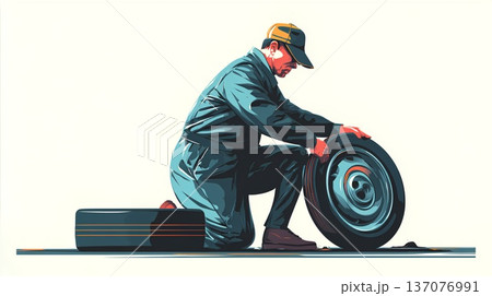 タイヤ交換をする作業風景 137076991