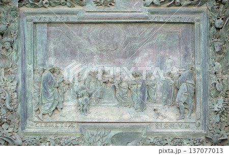 Presentation of Jesus at the Temple, detail of the central door of the Cathedral St. Mary of the Assumption in Pisa, Italy Presentation of Jesus at the Temple, detail of the central door of the Cathedral St. Mary of the Assumption in Pisa, Italy 137077013