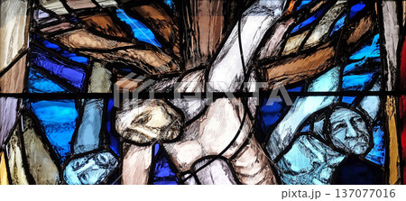 God s promise gives men courage and hope in the path of their lives and salvation, detail of stained glass window by Sieger Koder in St. John church in Piflas, Germany God s promise gives men courage and hope in the path of their lives and salvation, detail of stained glass window by Sieger Koder in St. John church in Piflas, Germany 137077016