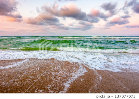 stormy weather on the sandy beach. dramatic sky over the black sea. moody summer landscape in morning light. green waves crashing the shore. majestic cloudscape above the horizon stormy weather on the sandy beach. dramatic sky over the black sea. moody summer landscape in morning light. green waves crashing the shore. majestic cloudscape above the horizon 137077073