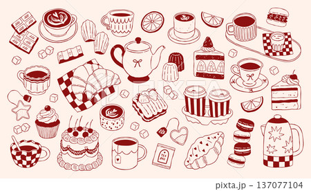 Hand drawn coffee and tea vector set with desserts, croissants, cups, teapot and sweets in Mediterranean style. Cozy cafe breakfast collection ideal for menu design, bakery branding and packaging 137077104