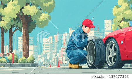 タイヤ交換をする作業風景 137077398